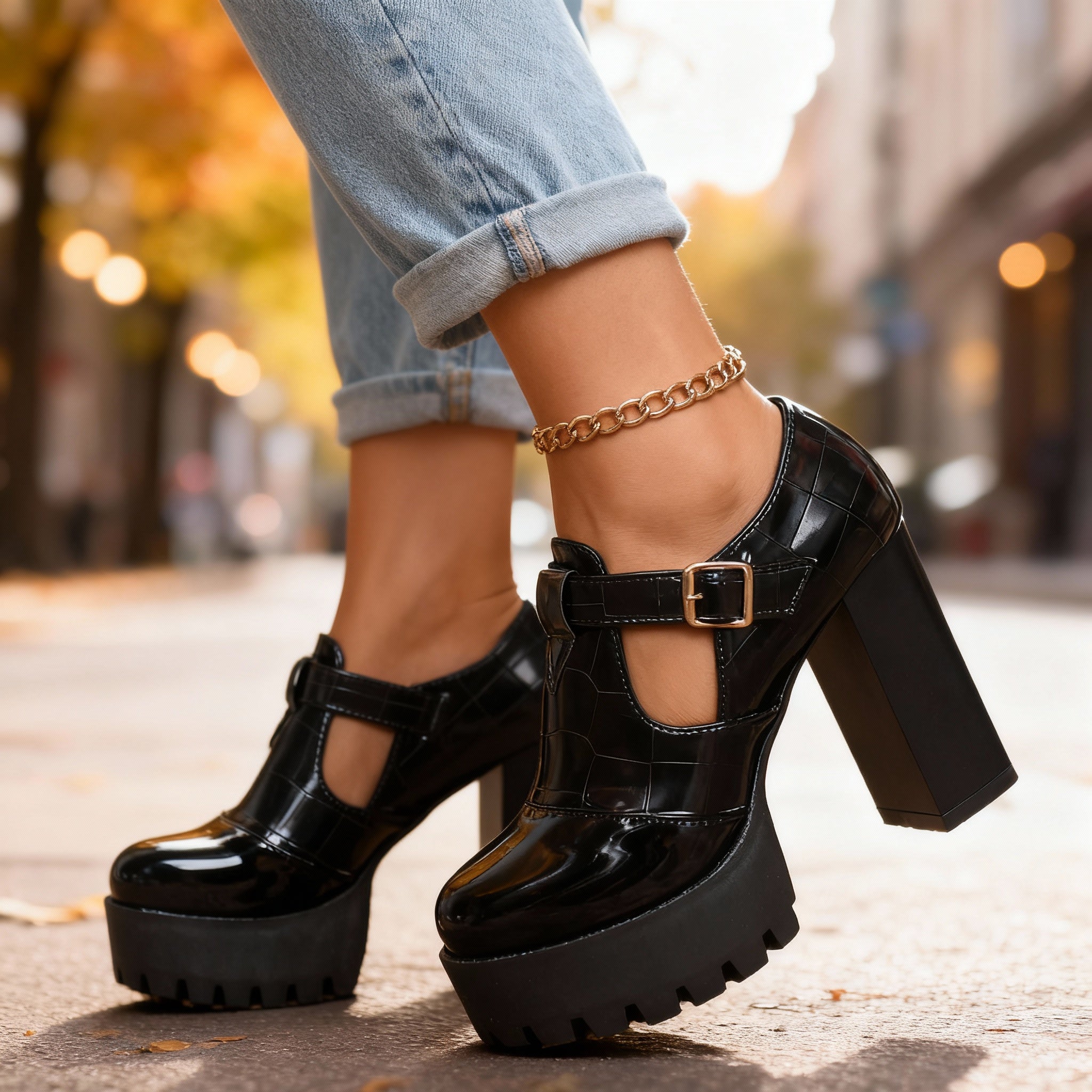 Dalia | Damen Pumps Blockabsatz Krokoprägedesign Elegant Vintage Stil 5