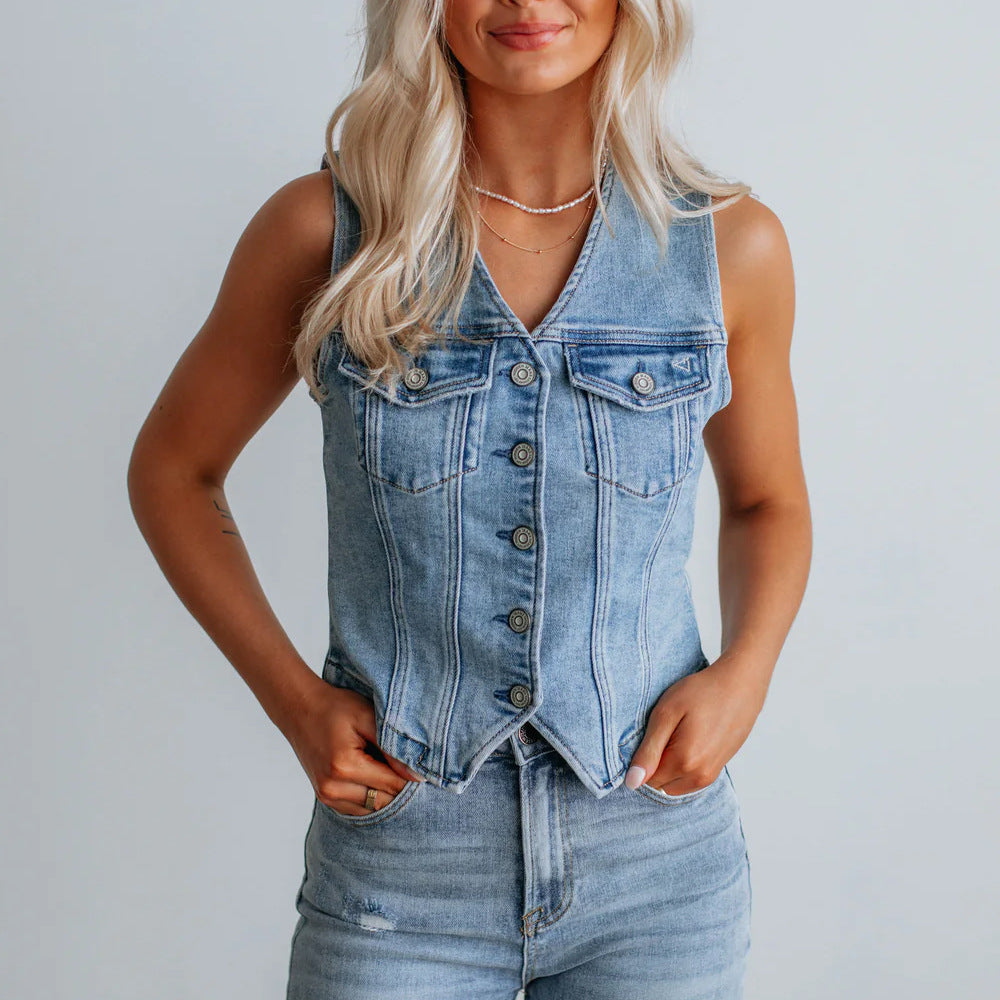 Damen Denim Weste mit Knopfleiste und modernen Schnittrahmen Drune 1