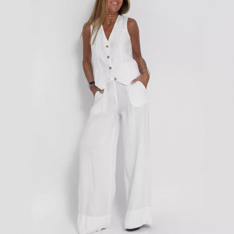 Damen elegantes Leinen-Weste mit Knopfdetaillierung Drune 1
