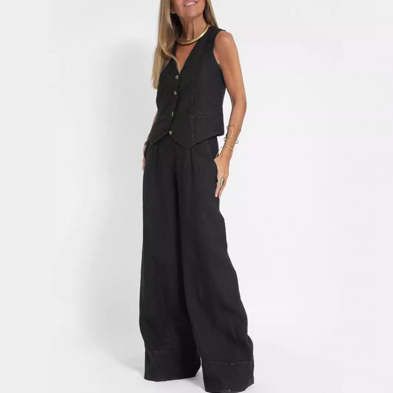 Damen elegantes Leinen-Weste mit Knopfdetaillierung Drune 4
