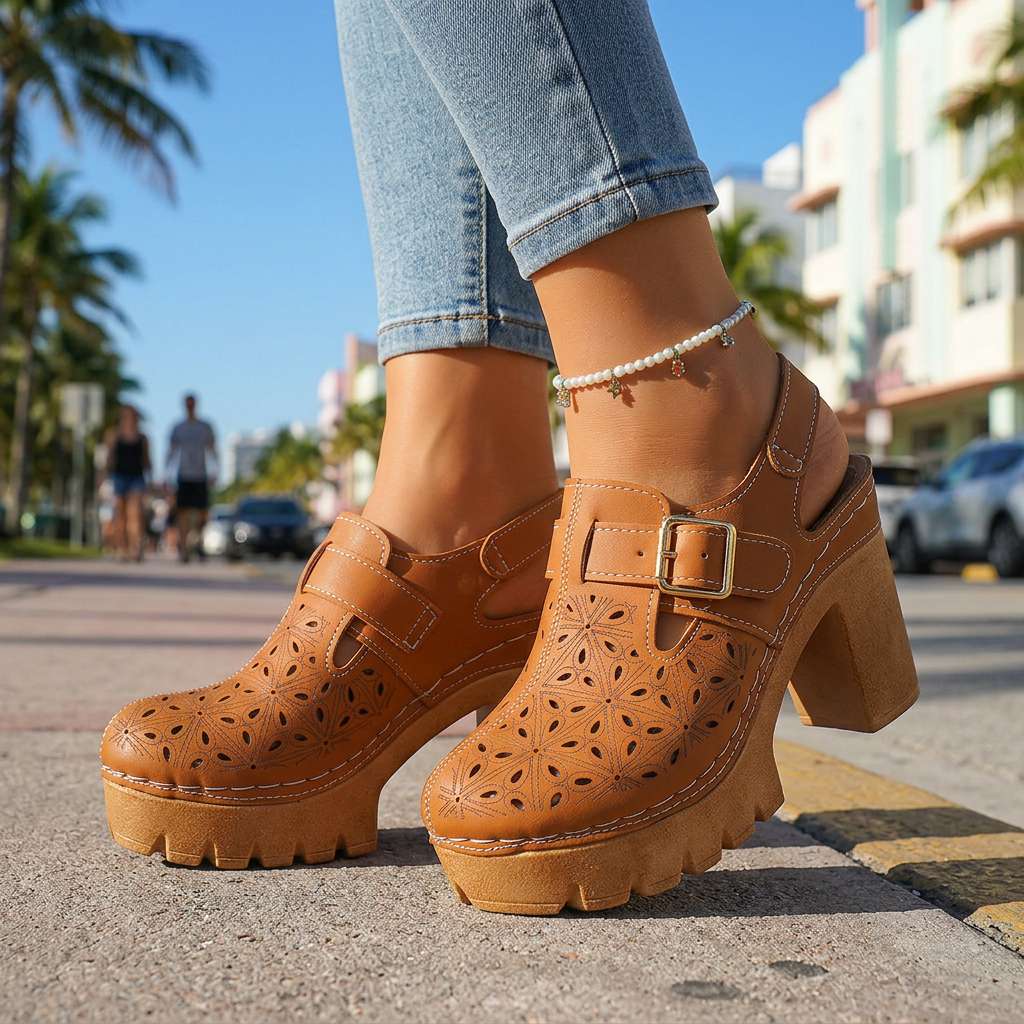 Florian | Clogs Damen Plateau Cutout Blockabsatz Vintage Stil 1
