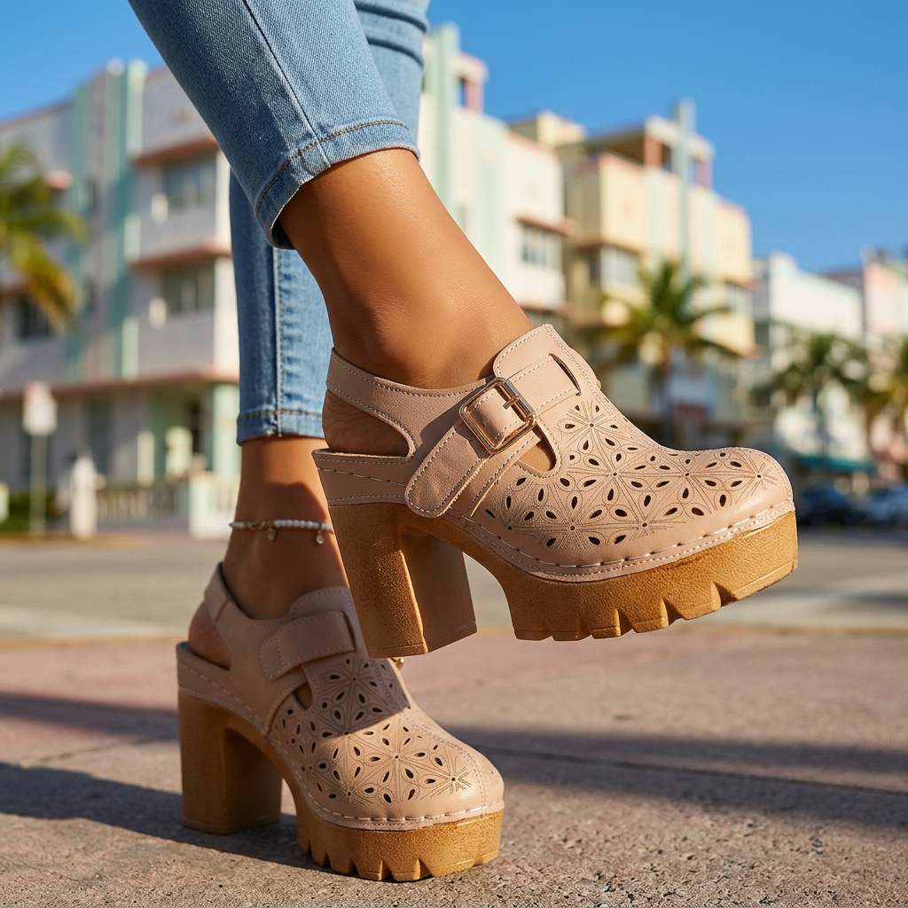Florian | Clogs Damen Plateau Cutout Blockabsatz Vintage Stil 5