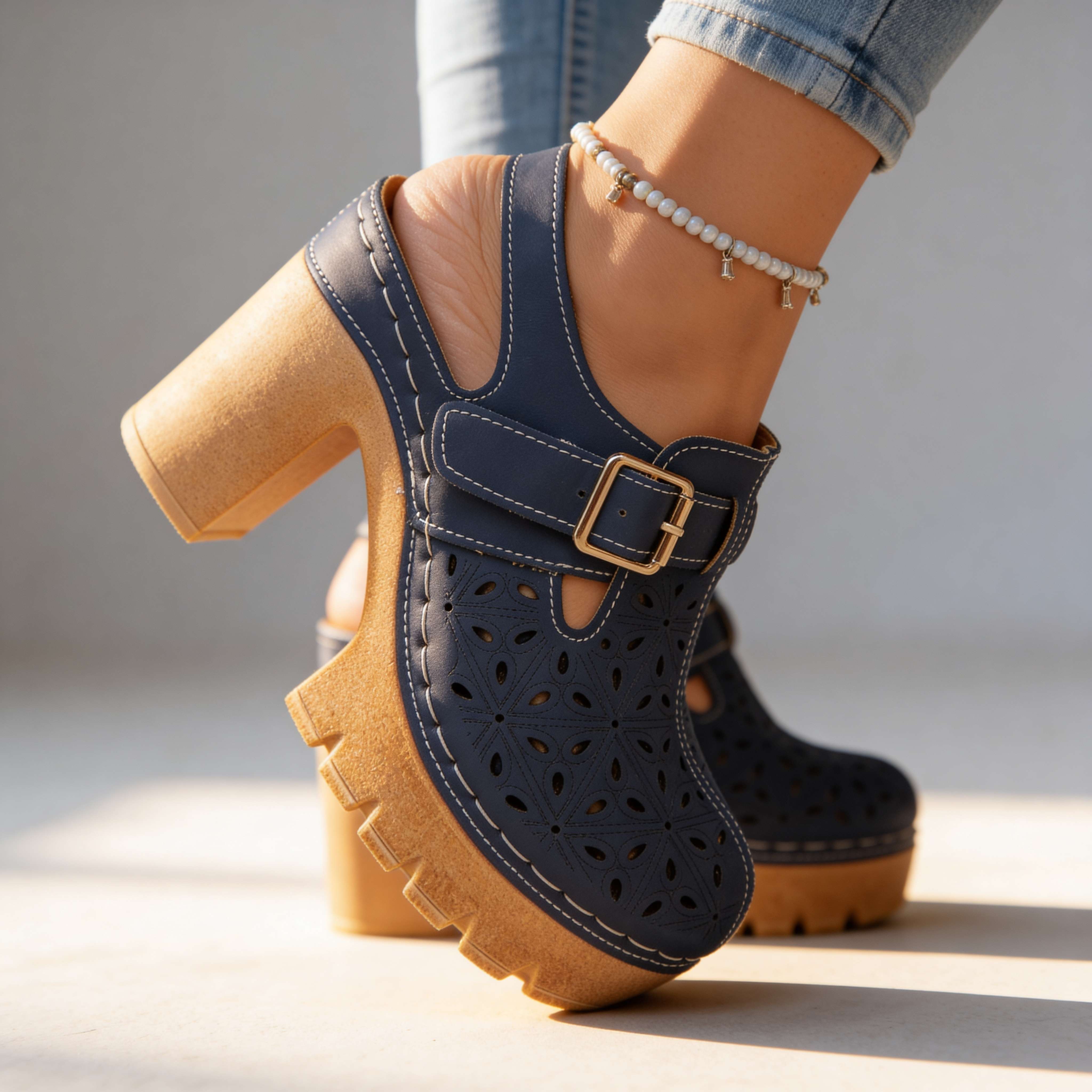 Florian | Clogs Damen Plateau Cutout Blockabsatz Vintage Stil 7