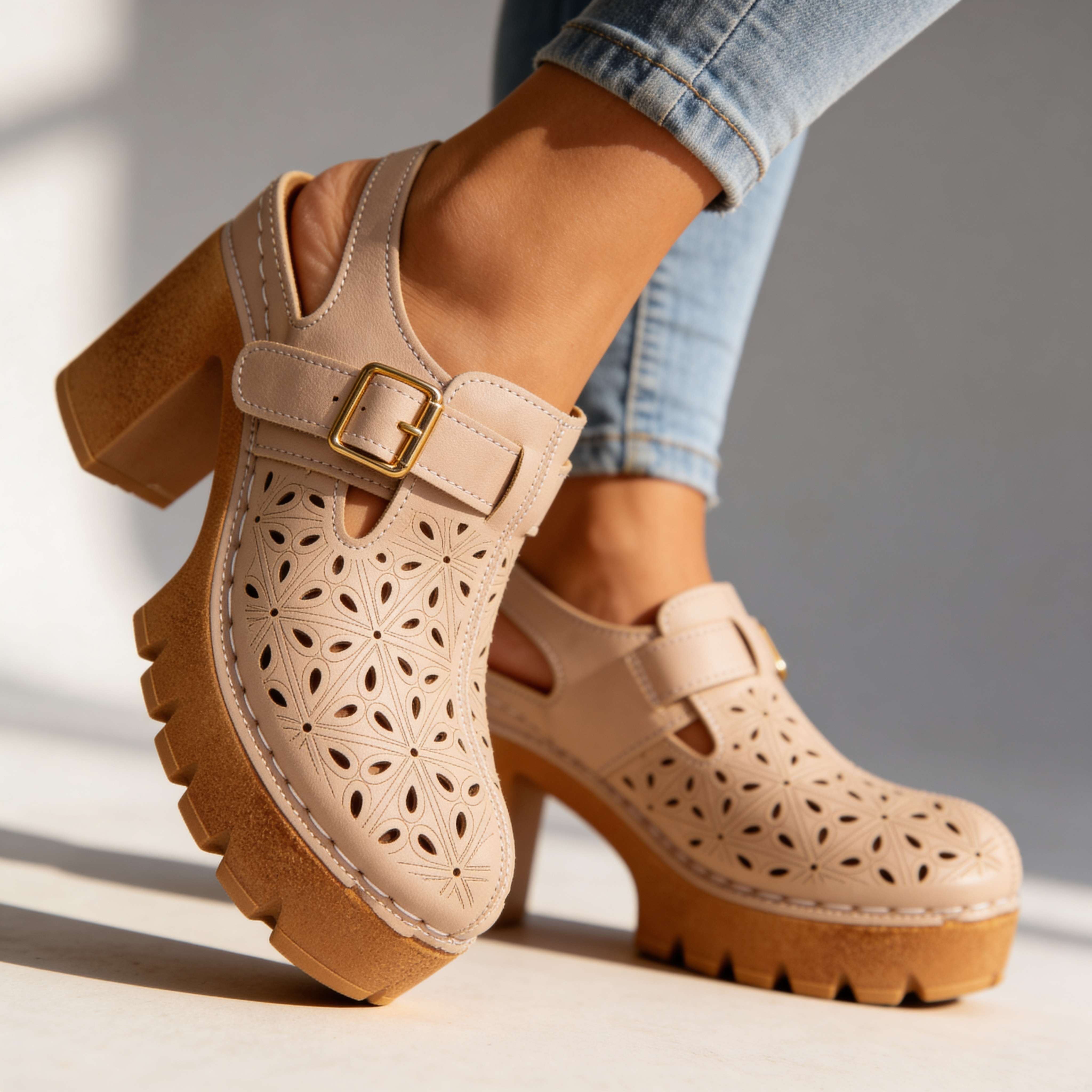 Florian | Clogs Damen Plateau Cutout Blockabsatz Vintage Stil 9