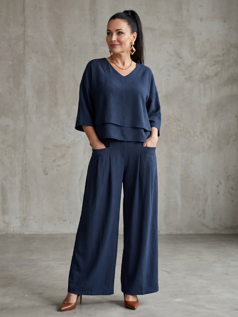 Fluss | Lässiges, Bequemes Damen Set mit Oberteil und Weiten Hosen 0