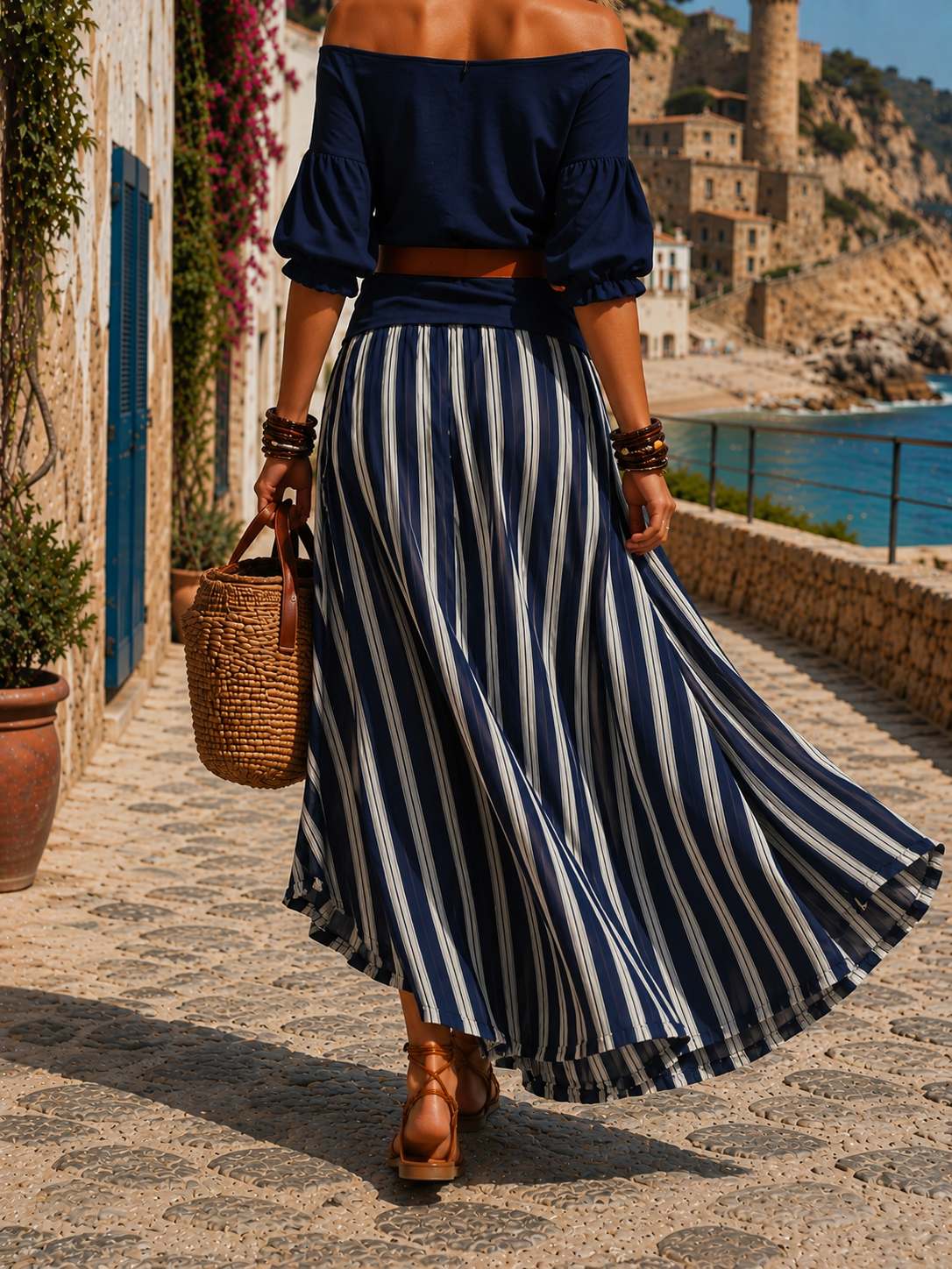 Galia | Schulterfreies, Atmungsaktives Damen Outfit – Elegantes Top & Rock Set im Nautischen Stil 2