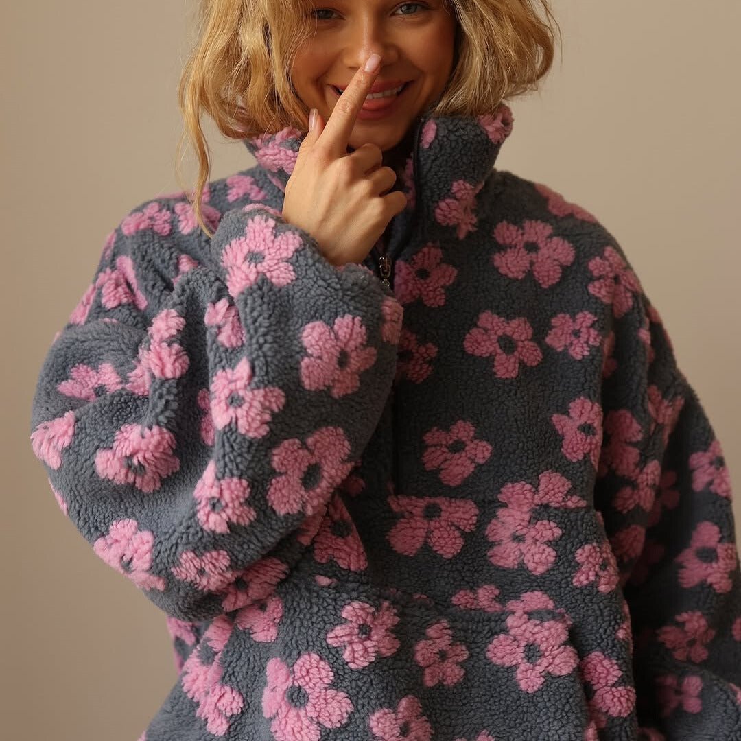 Grace | Oversize-Pullover aus Teddy-Fleece mit Blumenmuster und halbem Reißverschluss für Damen 3