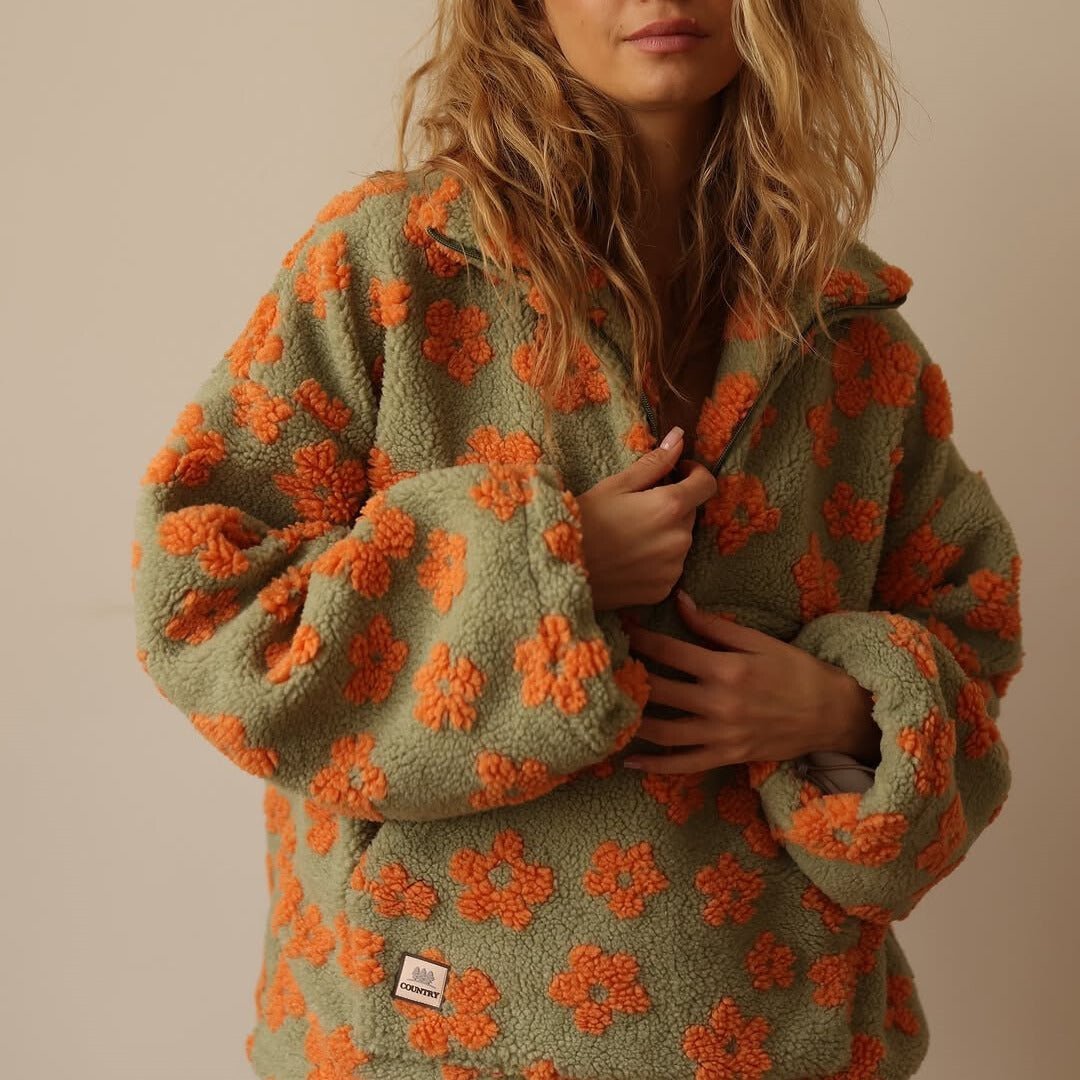 Grace | Oversize-Pullover aus Teddy-Fleece mit Blumenmuster und halbem Reißverschluss für Damen 5