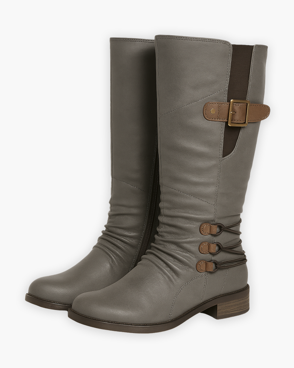 Kniehohe Stiefel mit Zierschnallen und Reißverschluss