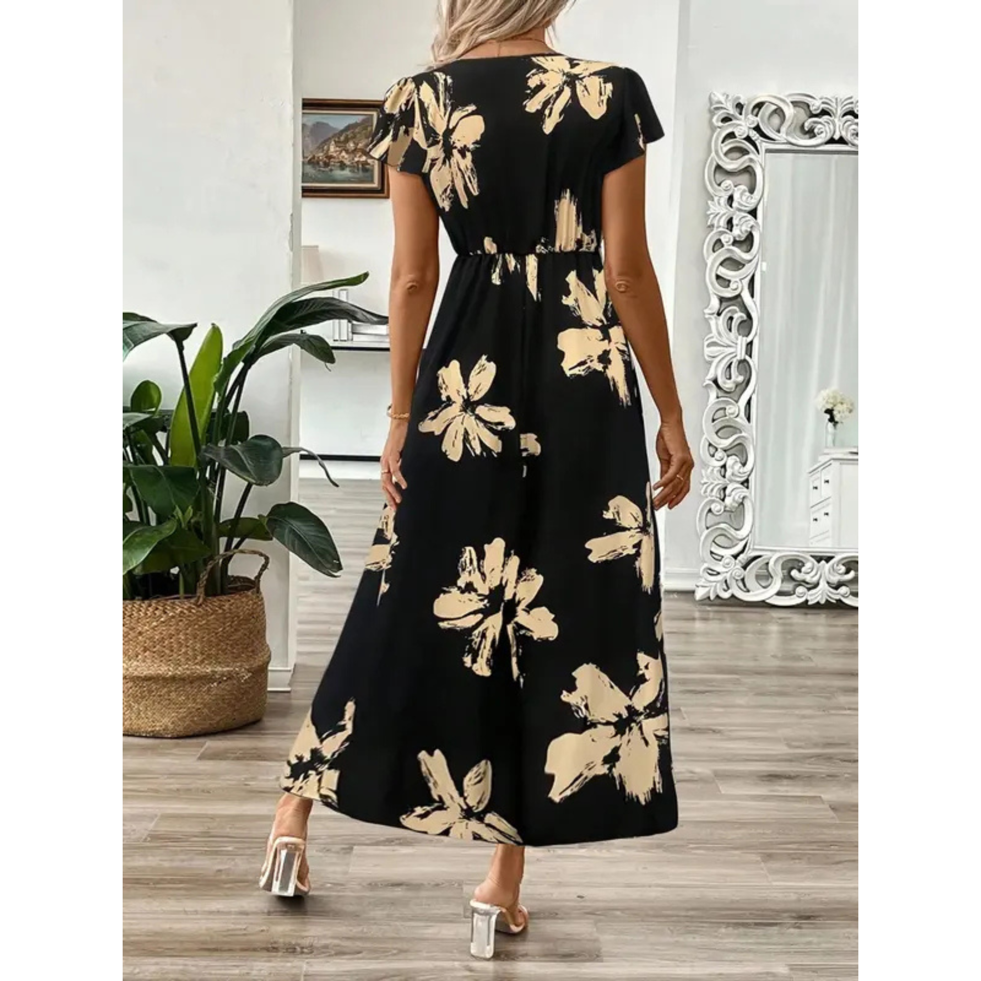 Hanneli | Elegantes Maxikleid Sommer mit Wickel-V-Ausschnitt und Blatt-Print 1