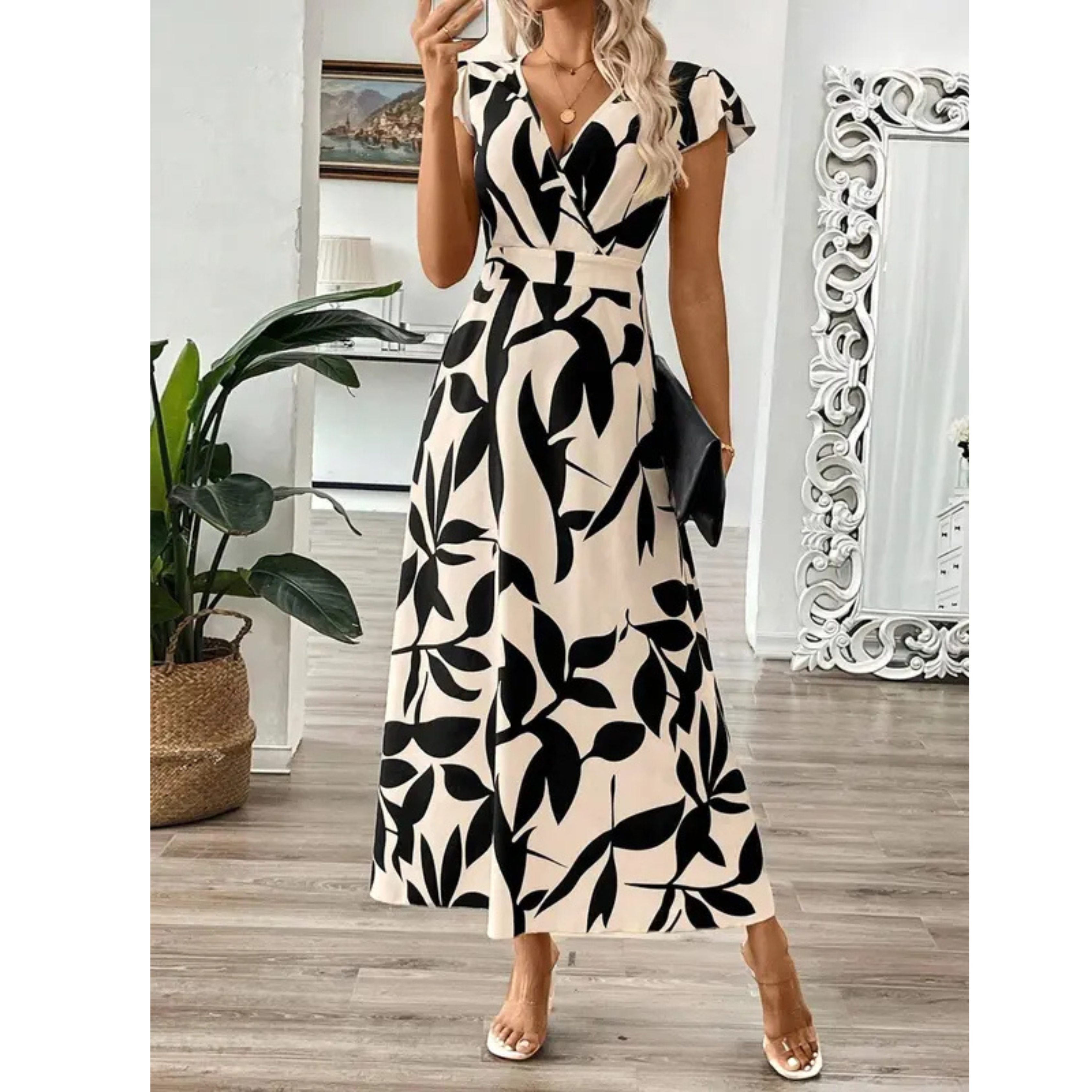 Hanneli | Elegantes Maxikleid Sommer mit Wickel-V-Ausschnitt und Blatt-Print 2