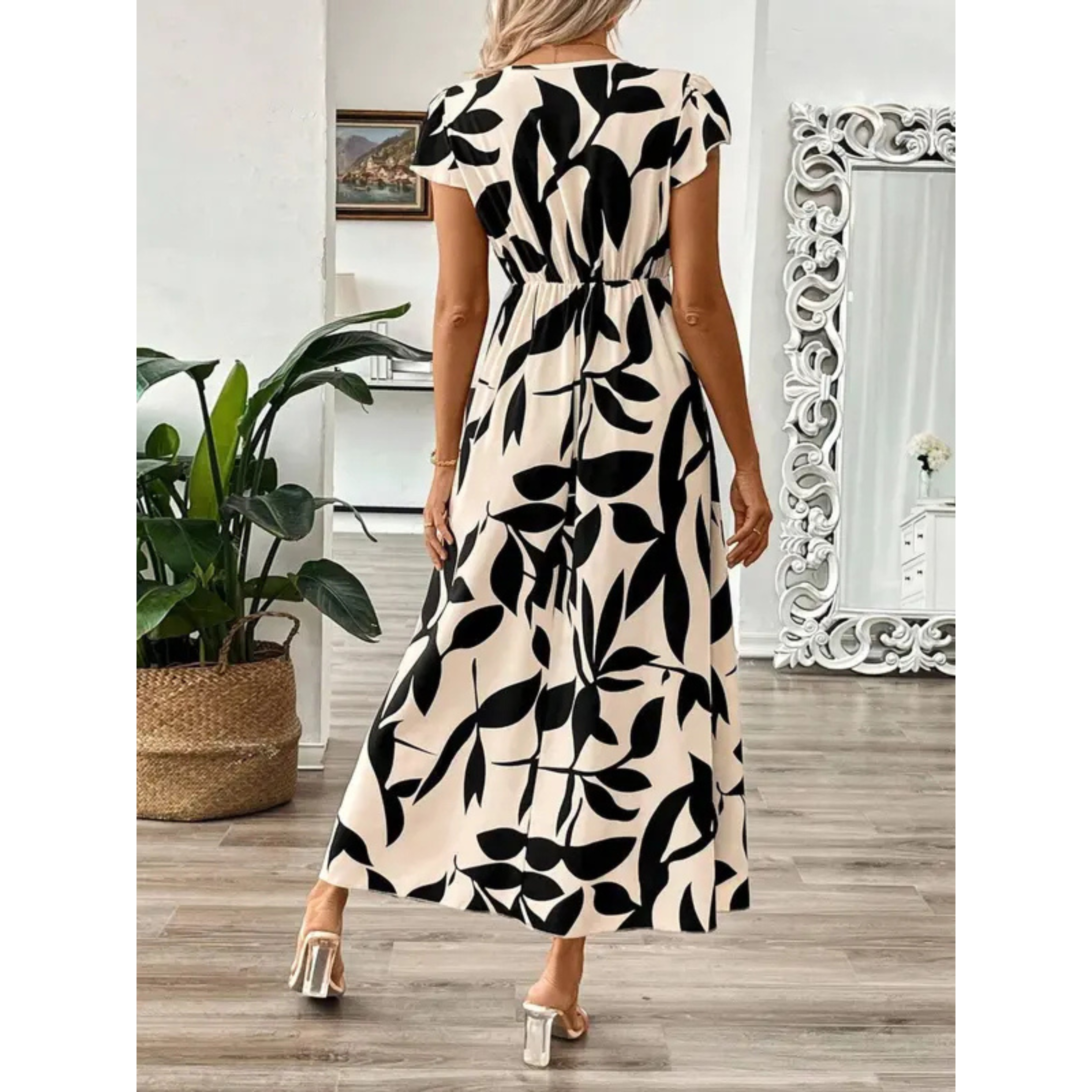 Hanneli | Elegantes Maxikleid Sommer mit Wickel-V-Ausschnitt und Blatt-Print 3