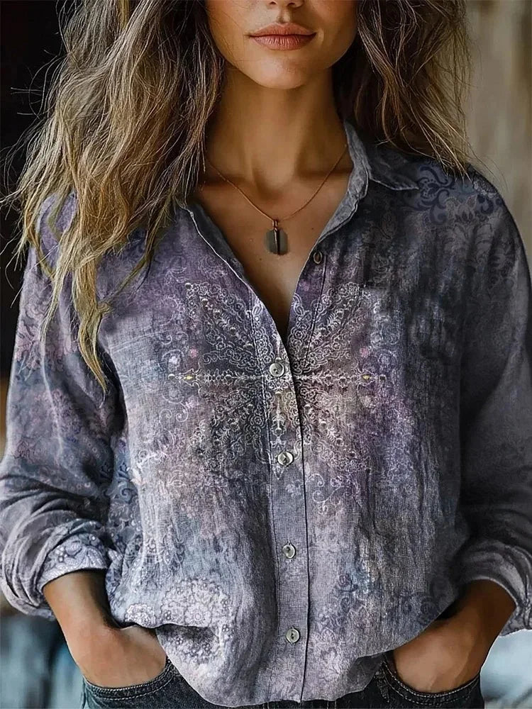 Herbst | Vintage Floral Shirt Langarm Damen Casual Stil 9