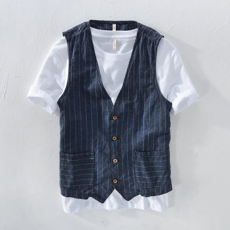 Herren Weste Gestreift Leinen-Look 1