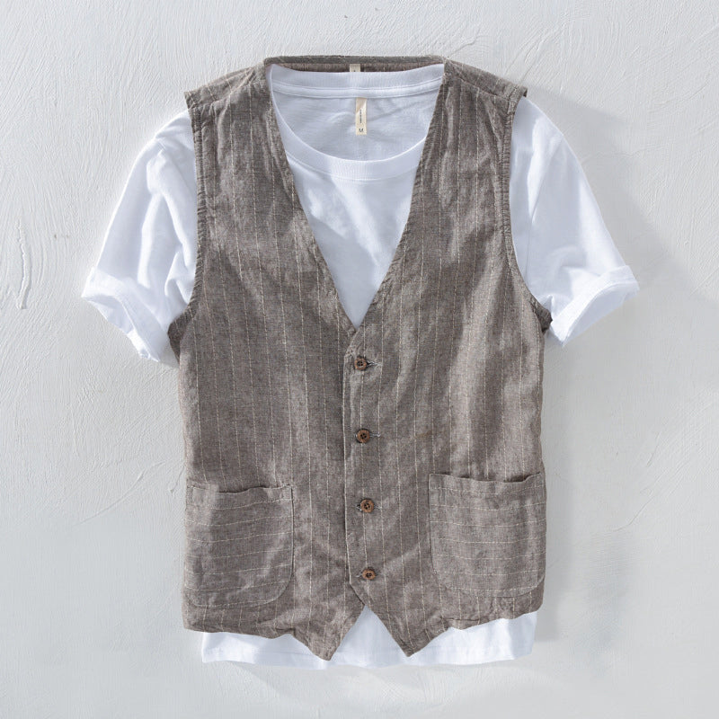 Herren Weste Gestreift Leinen-Look 2