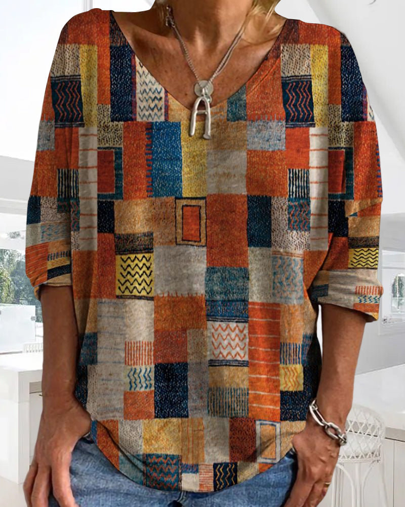 Imogen | Bequeme, Farbige Damenbluse im Patchwork-Design mit V-Ausschnitt und 3/4-Ärmeln 3