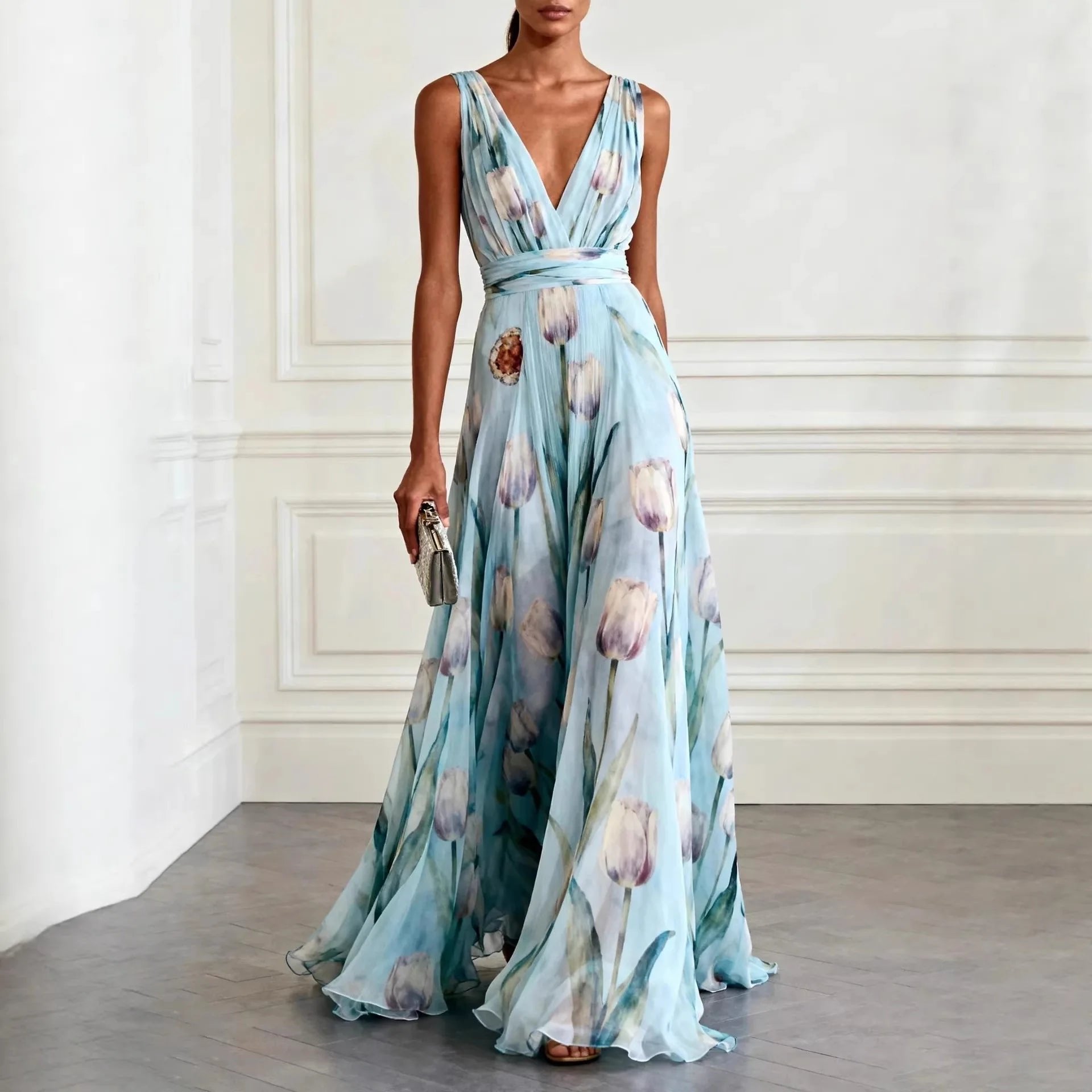 Isabella | Elegantes Maxikleid Festlich für Hochzeitsgäste – Fließender Chiffon mit Botanischem Druck 0