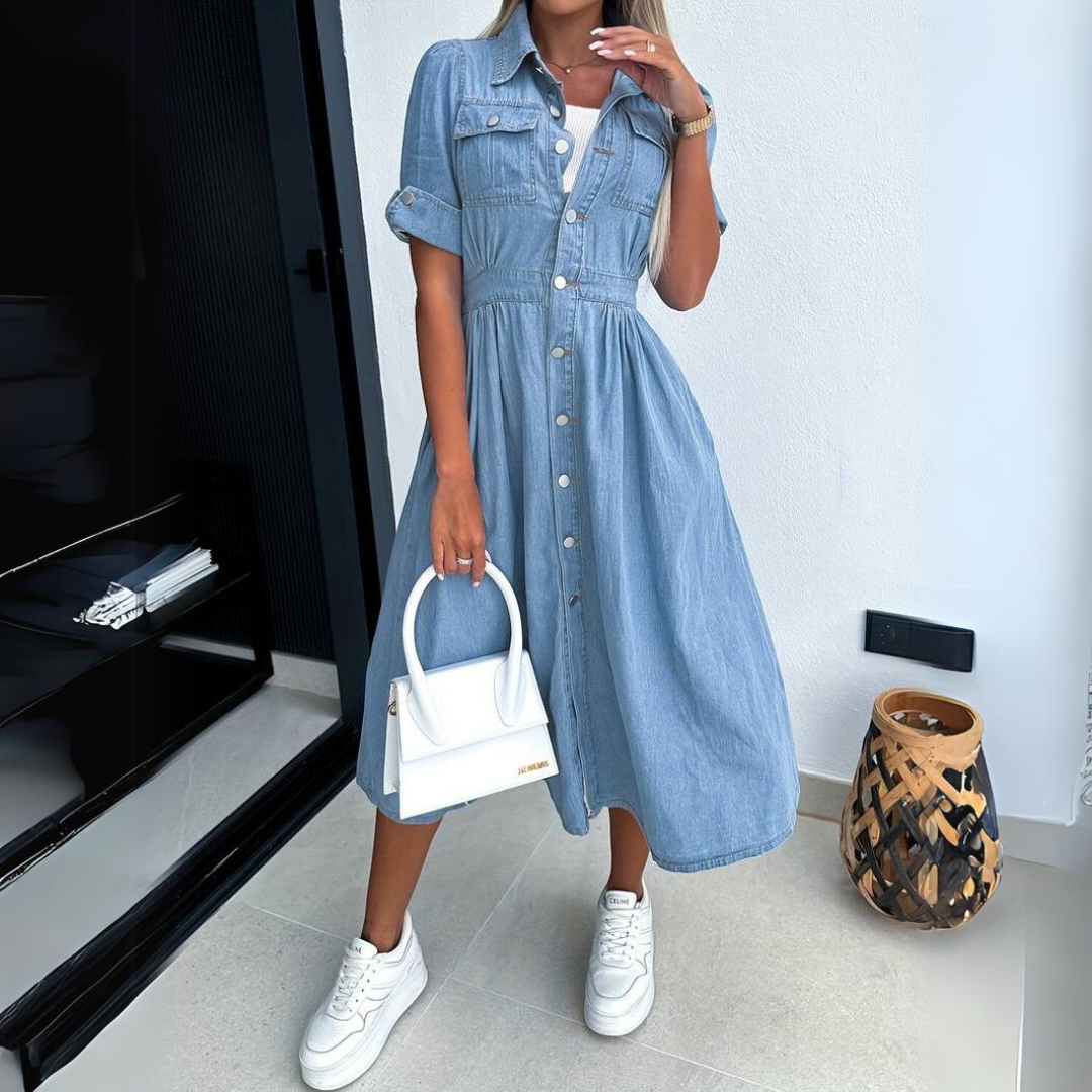 Jade | Feminines, Bequemes & Stilvolles Damenkleid aus Denim – Midi-Design mit Knopfverschluss 0