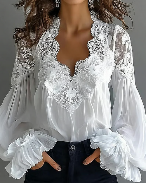 Katia | Elegante Damenbluse mit Floraler Spitze für Festliche Anlässe 0