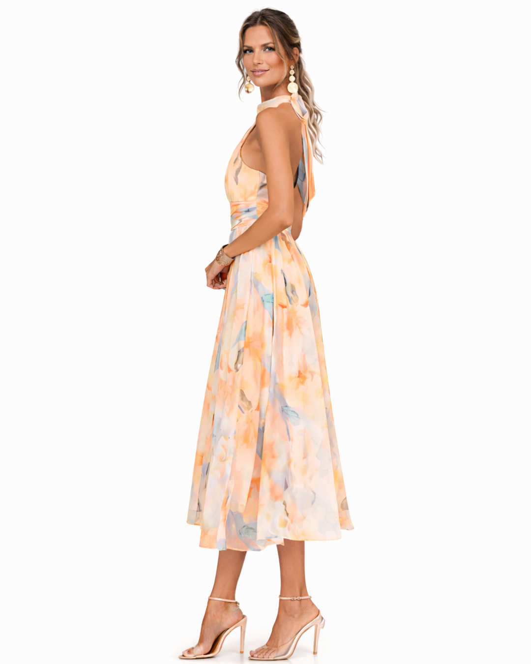 Luna | Maxikleid Sommer Aquarelldruck Elegant Neckholder Fit 2