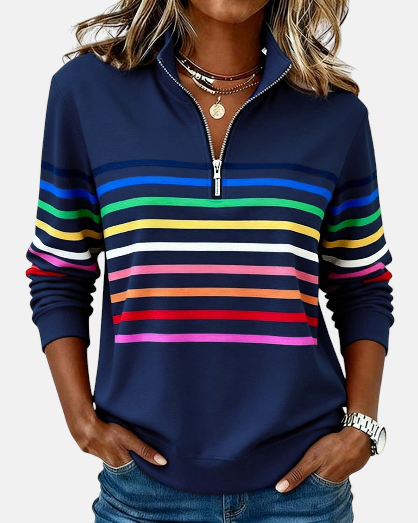 Madison | Damen-Sweatshirt mit Viertelreißverschluss, gestreift, langärmlig 1