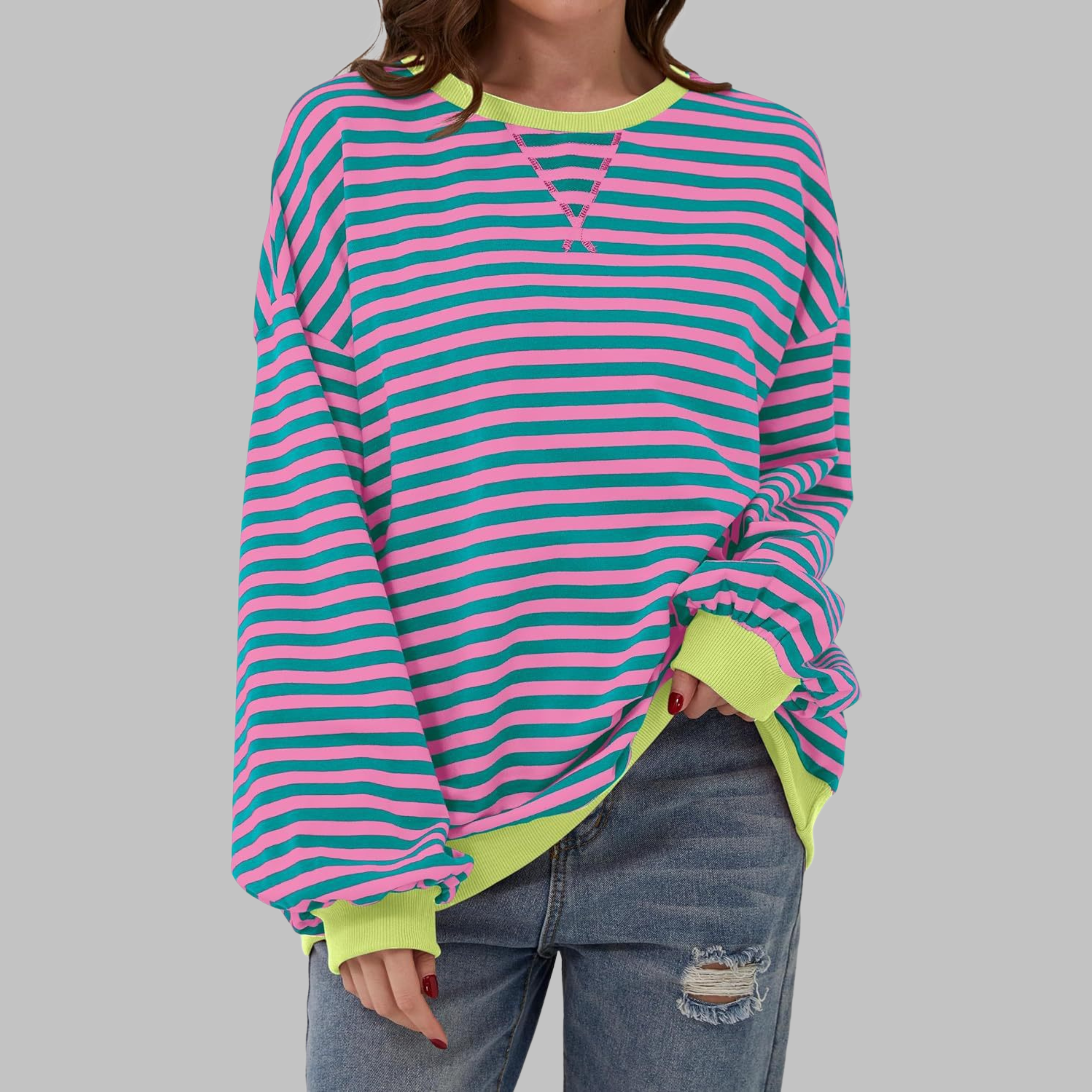 Marlow | Retro, Bequem & Stilvoll Sweatshirt Damen – Rosa-Weiße Streifen 1