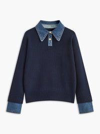 Leonie | Eleganter Damen Strickpullover mit integriertem Denimkragen