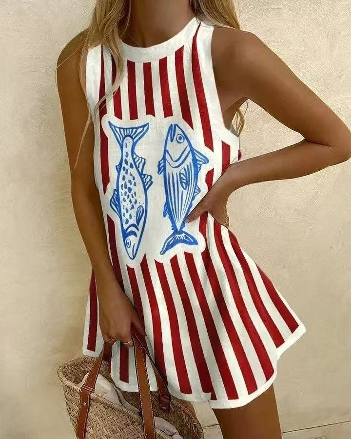 Mira | Verspieltes, Nautisches Damenkleid mit Fischdruck – Ideal für Sommer und Strand 0