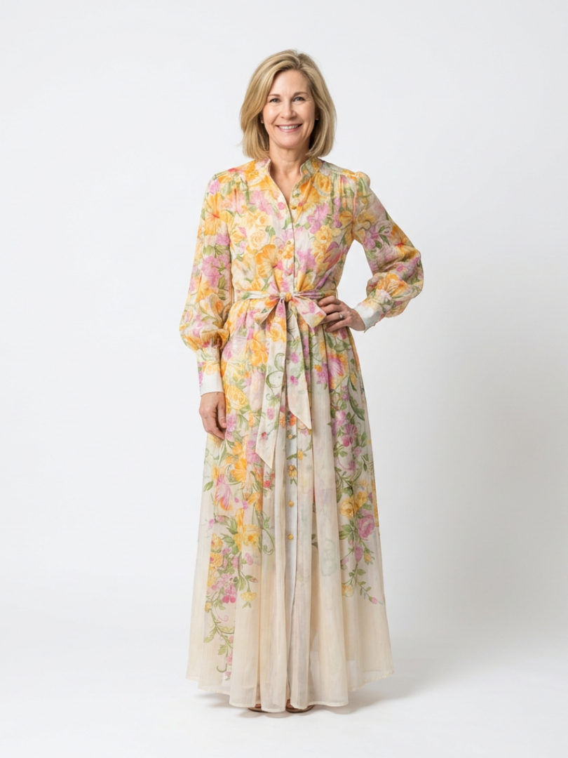 Mohn | Elegantes Maxikleid Langarm mit Blumenmuster für besondere Anlässe 0