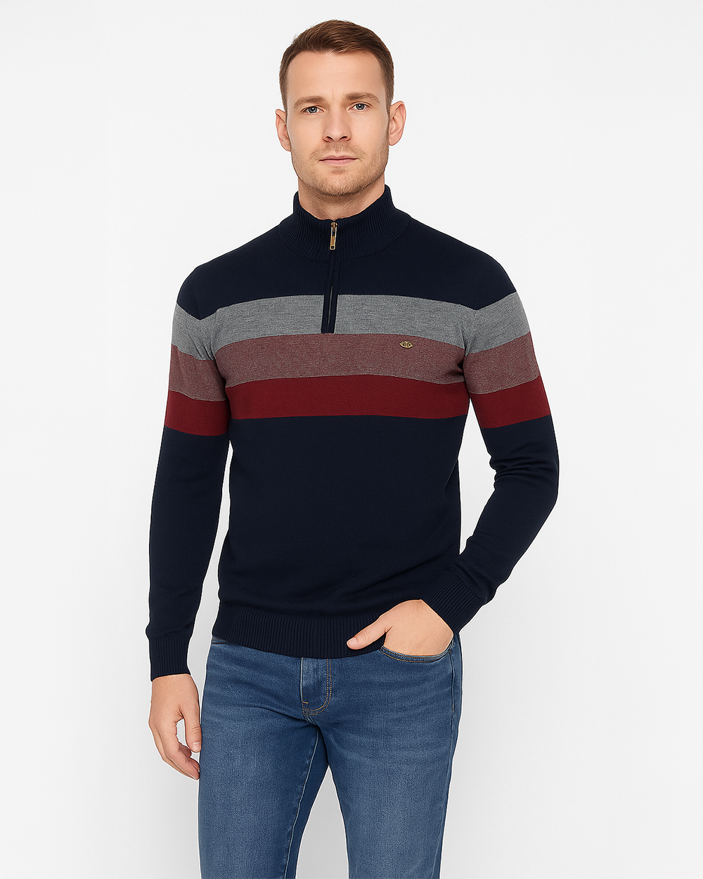 Halbzip Troyer Gestreifter Strickpullover mit Rippenkragen