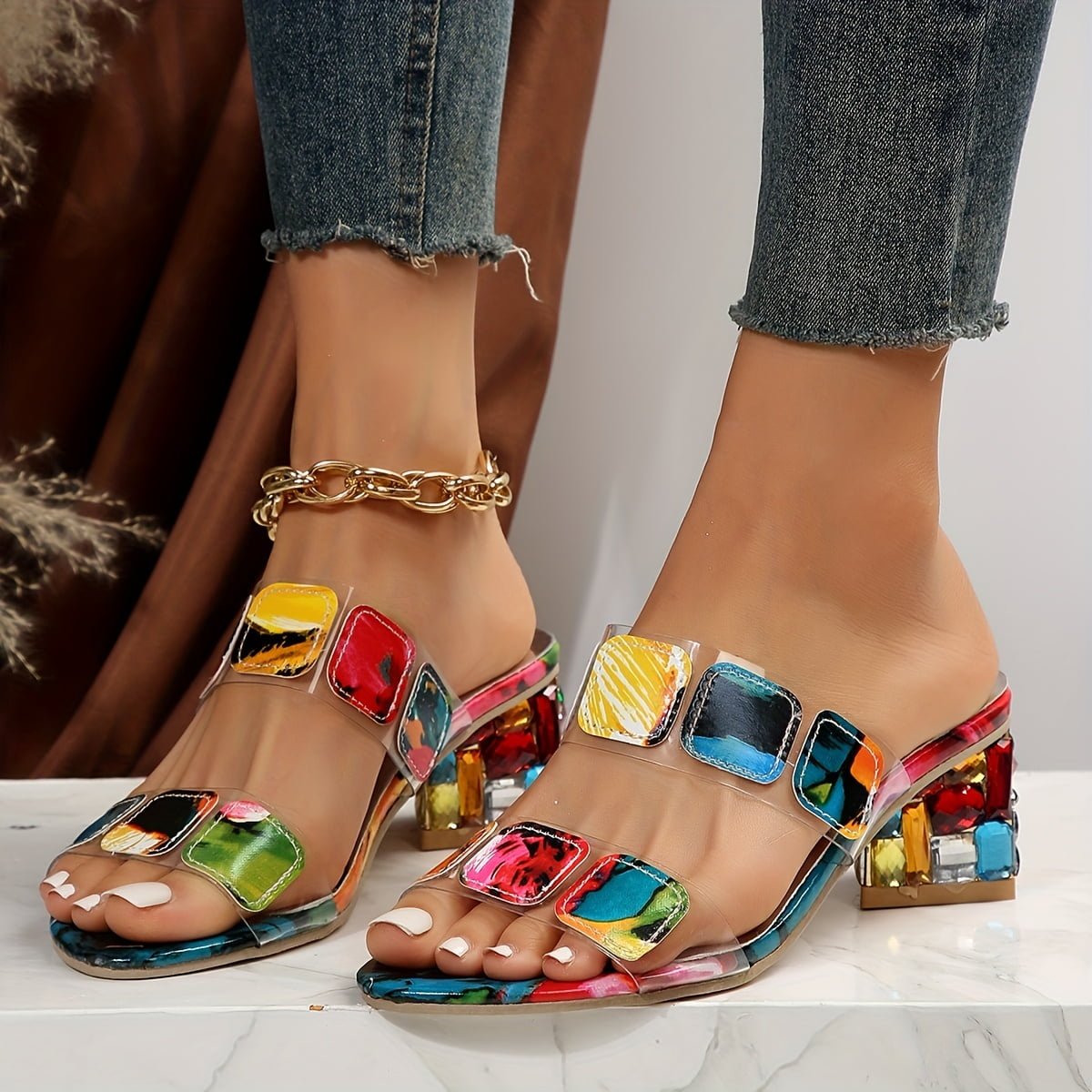 Olivia | Elegante Slide-Sandalen mit Edelstein-Blockabsatz und Offener Zehenpartie 0