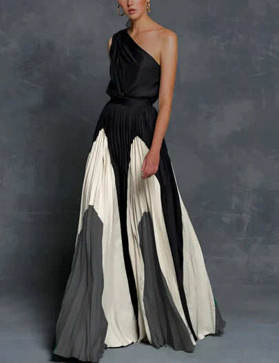 Olivia | Elegantes, schulterfreies Maxikleid in Farbblock-Optik 2