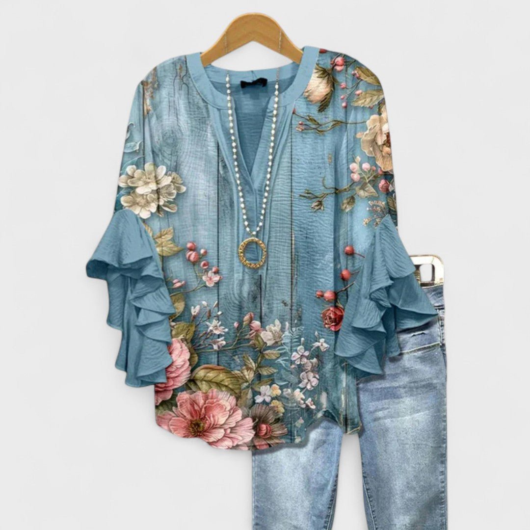 Pavina | Elegante Damenbluse mit Blumenmuster und Rüschenärmeln 0