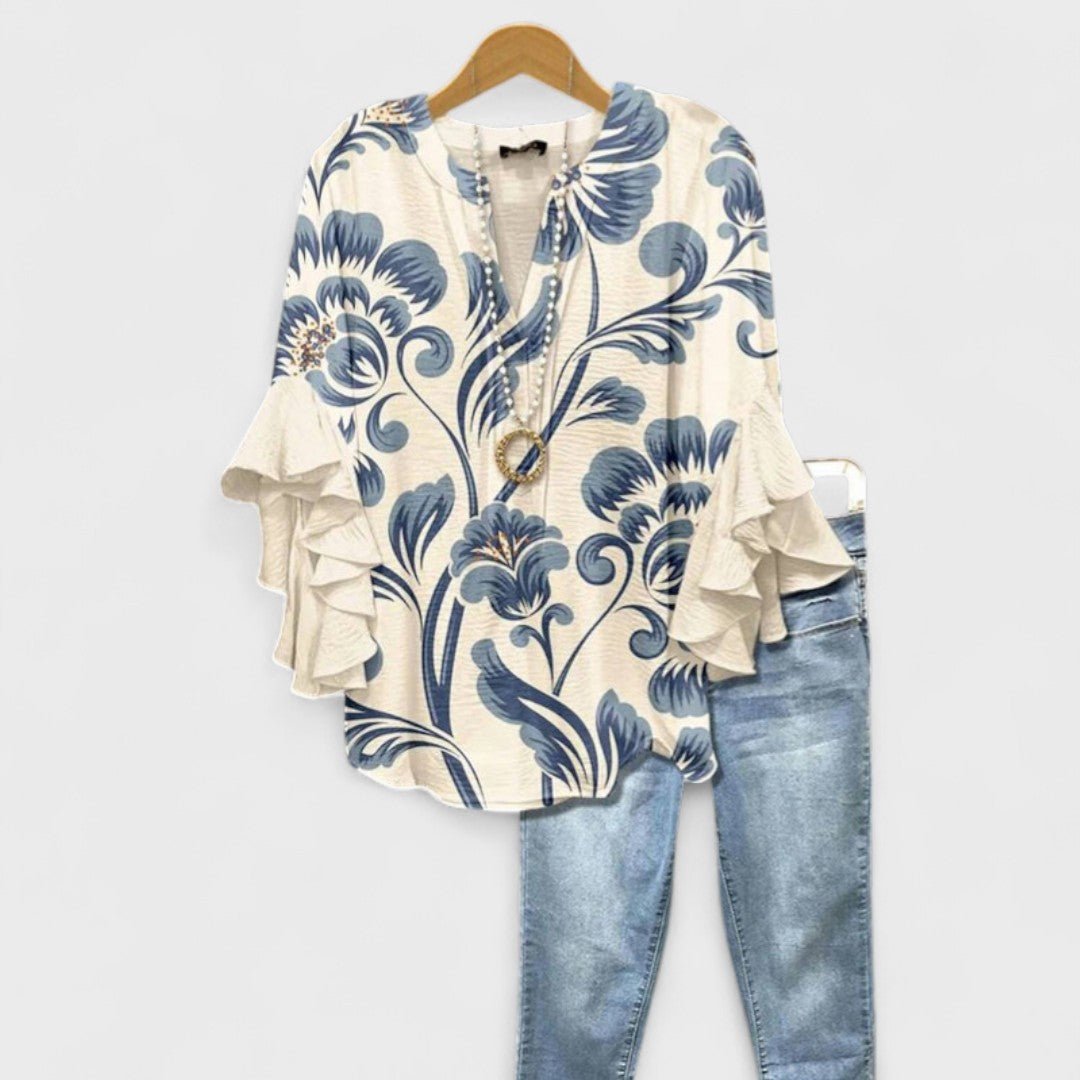 Pavina | Elegante Damenbluse mit Blumenmuster und Rüschenärmeln 1