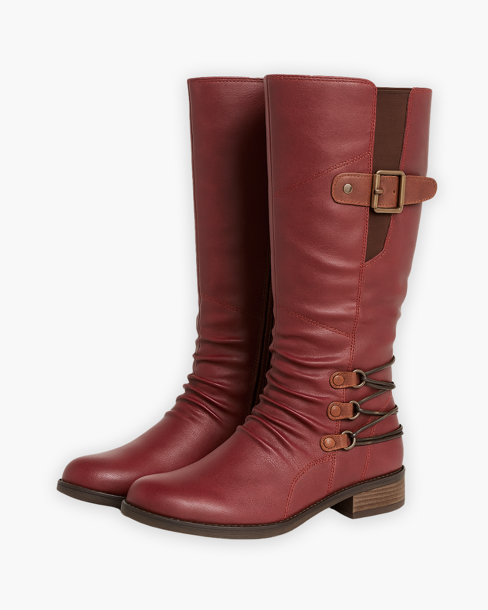 Kniehohe Stiefel mit Zierschnallen und Reißverschluss