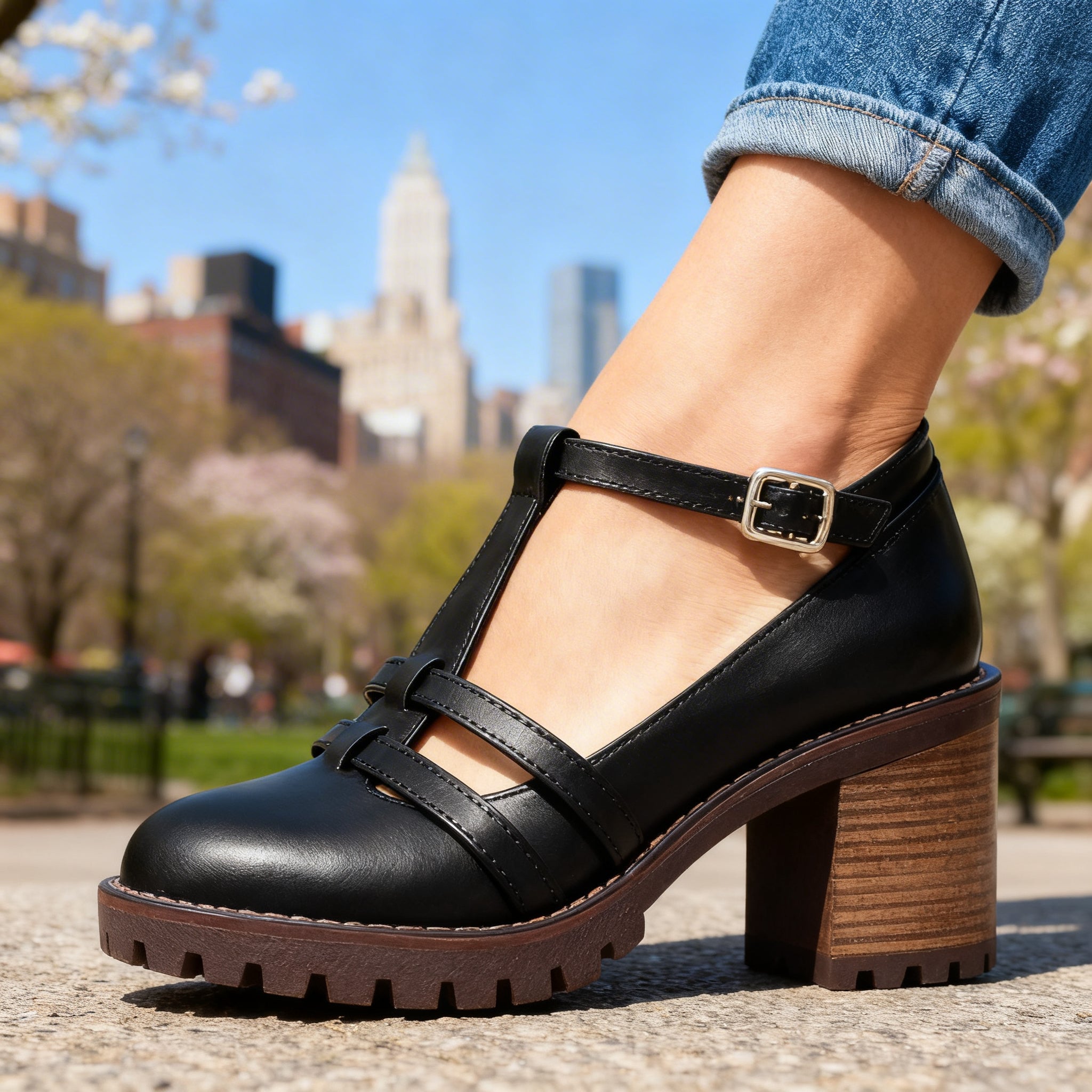 Romy | Damen Loafer Schwarz T-Riemen Blockabsatz Elegant Komfortabel 6