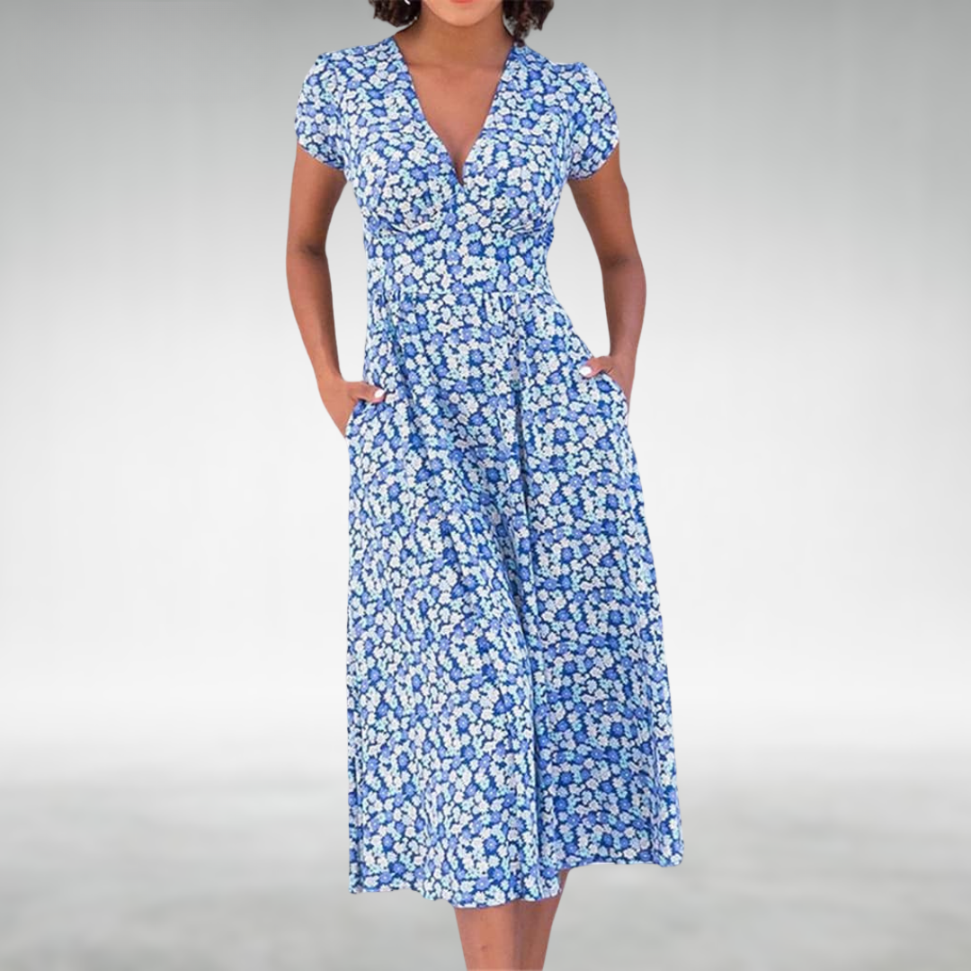 Saffron | Elegantes, Blumengemustertes Damen-Midikleid mit V-Ausschnitt 0