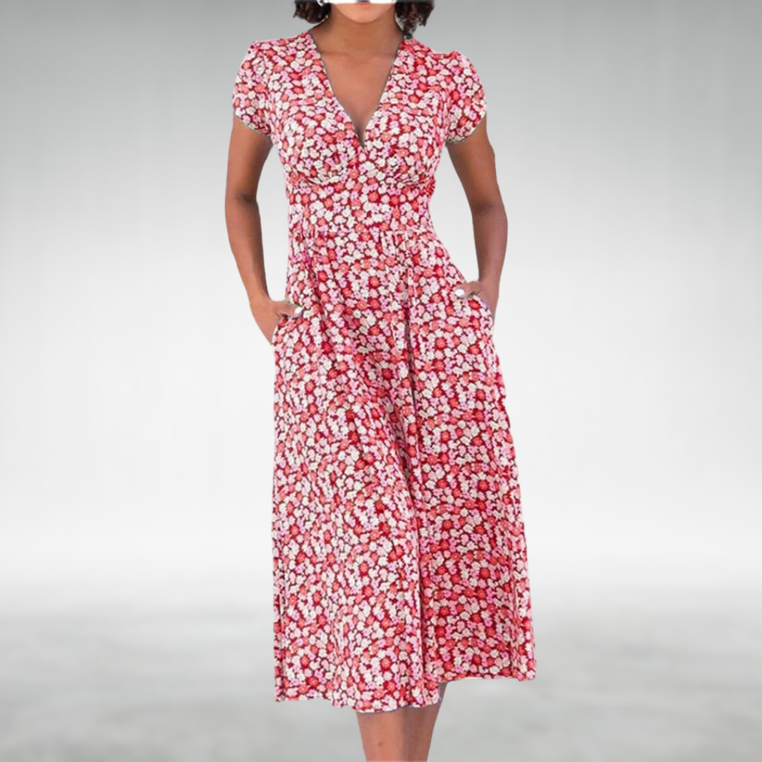 Saffron | Elegantes, Blumengemustertes Damen-Midikleid mit V-Ausschnitt 1