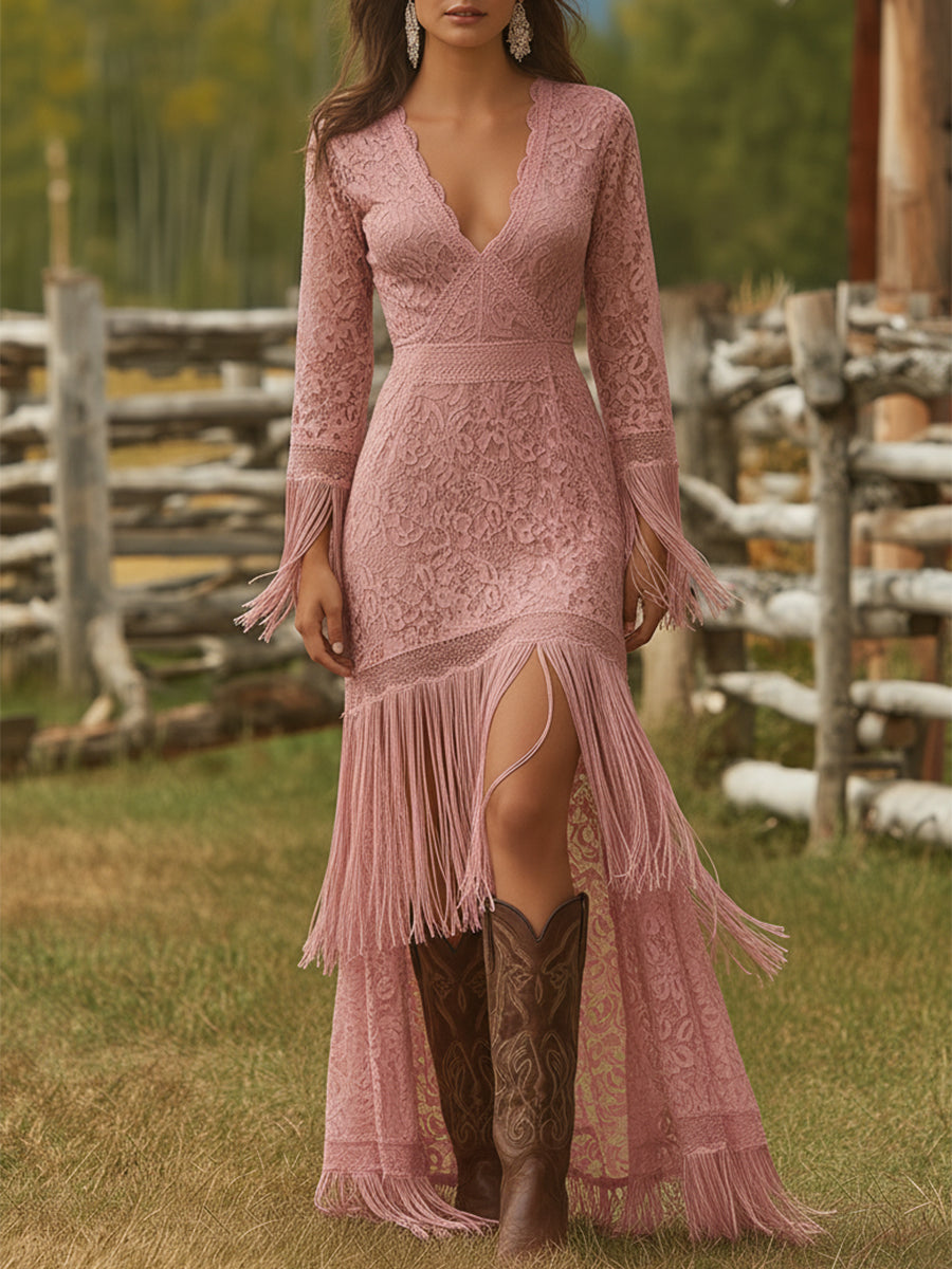Serenity | Elegantes, Fließendes Damen-Maxikleid mit V-Ausschnitt und Quasten 3