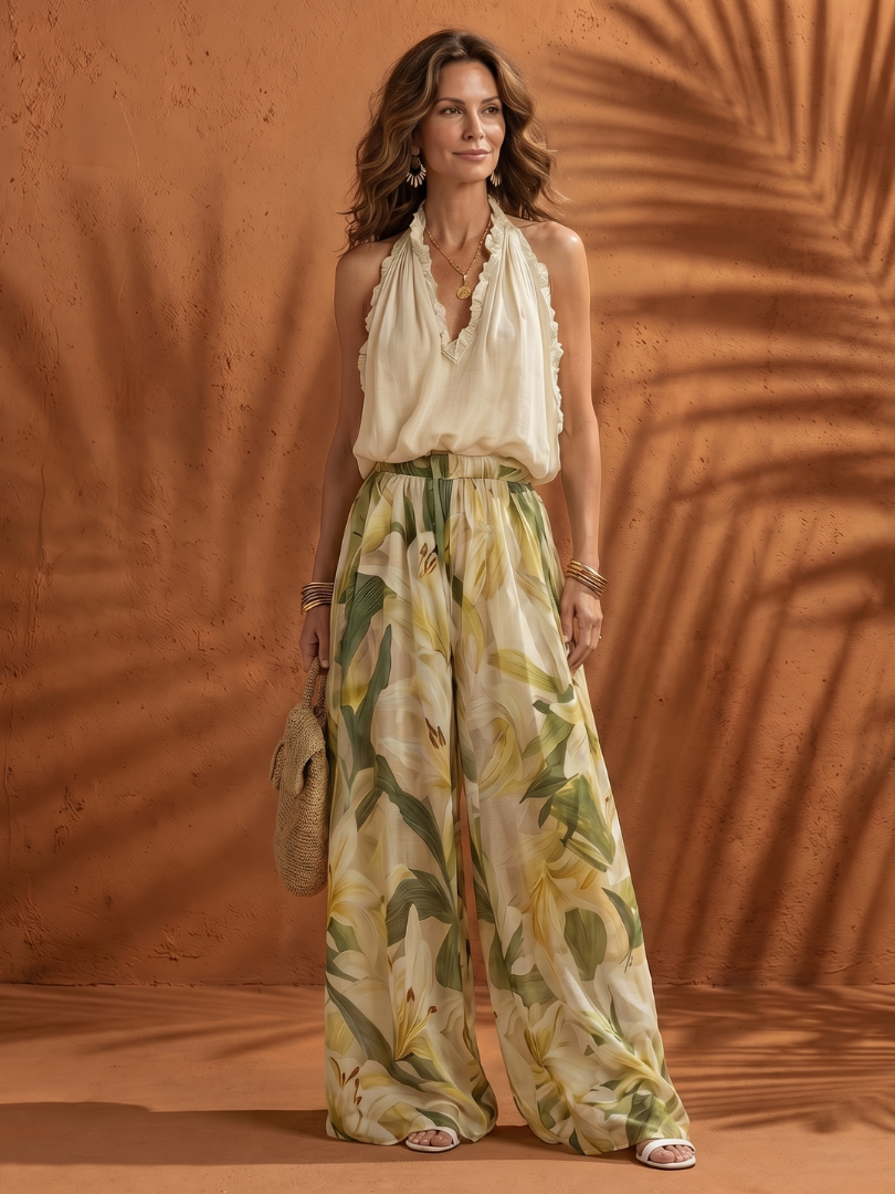 Soleil | Elegantes Damen Set – Leichtes Twin Set mit Neckholder-Bluse und Weitbein-Hose 1