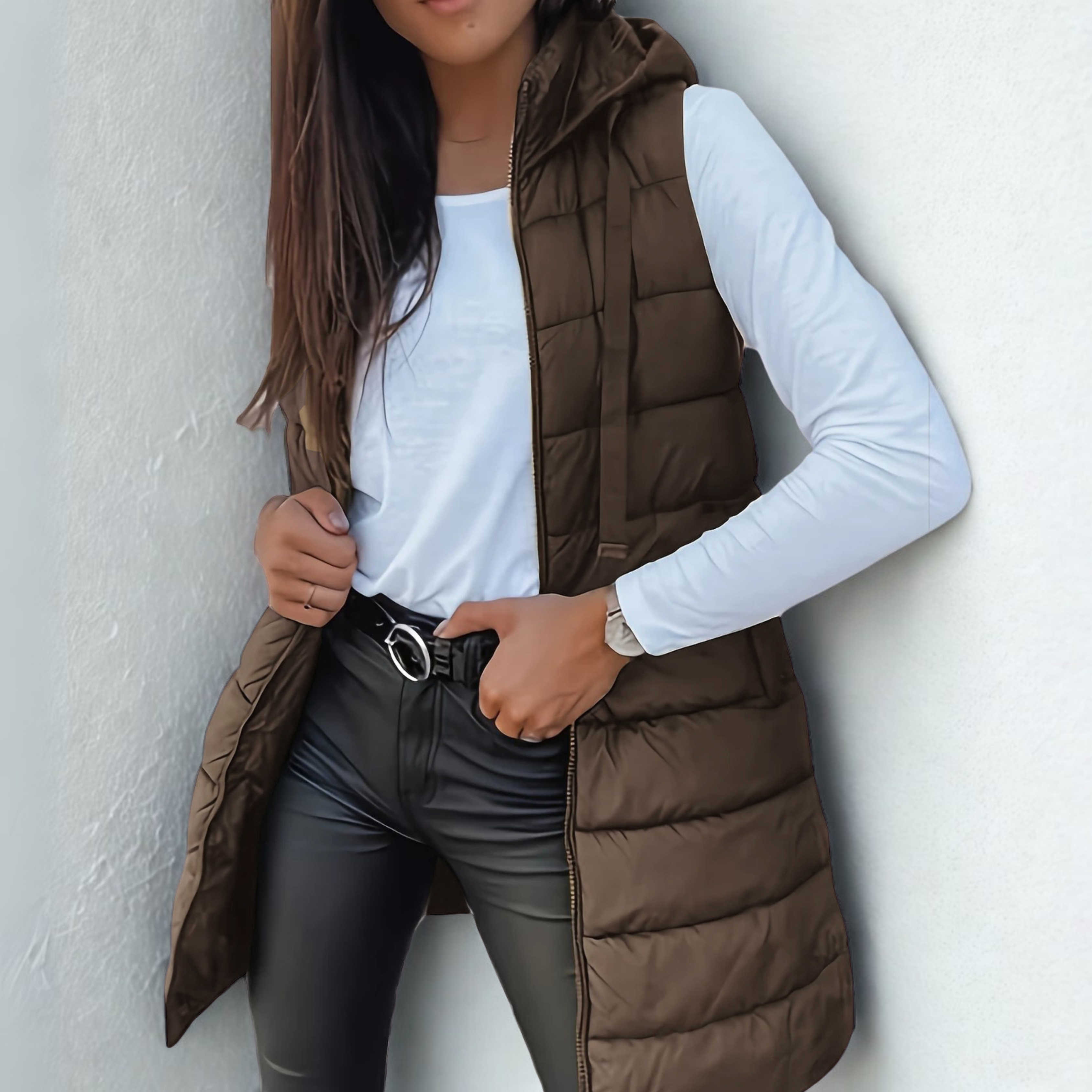Sophie | Lange Steppweste Damen – Elegante, Leichte & Vielseitige Weste mit Kapuze 8