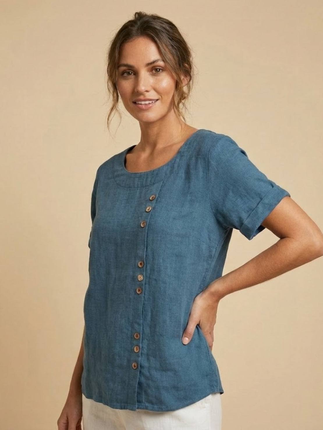 Taylor | Leinenbluse für Damen mit Rundhalsausschnitt und Knöpfen 7