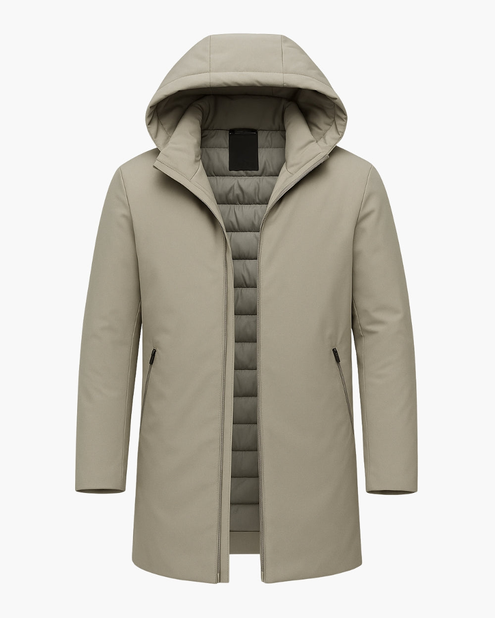Gerade geschnittener Wintermantel mit Kapuze und Steppfutter