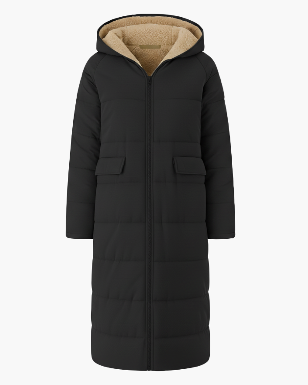 Langer Wintermantel mit Kapuze und Fleecefutter