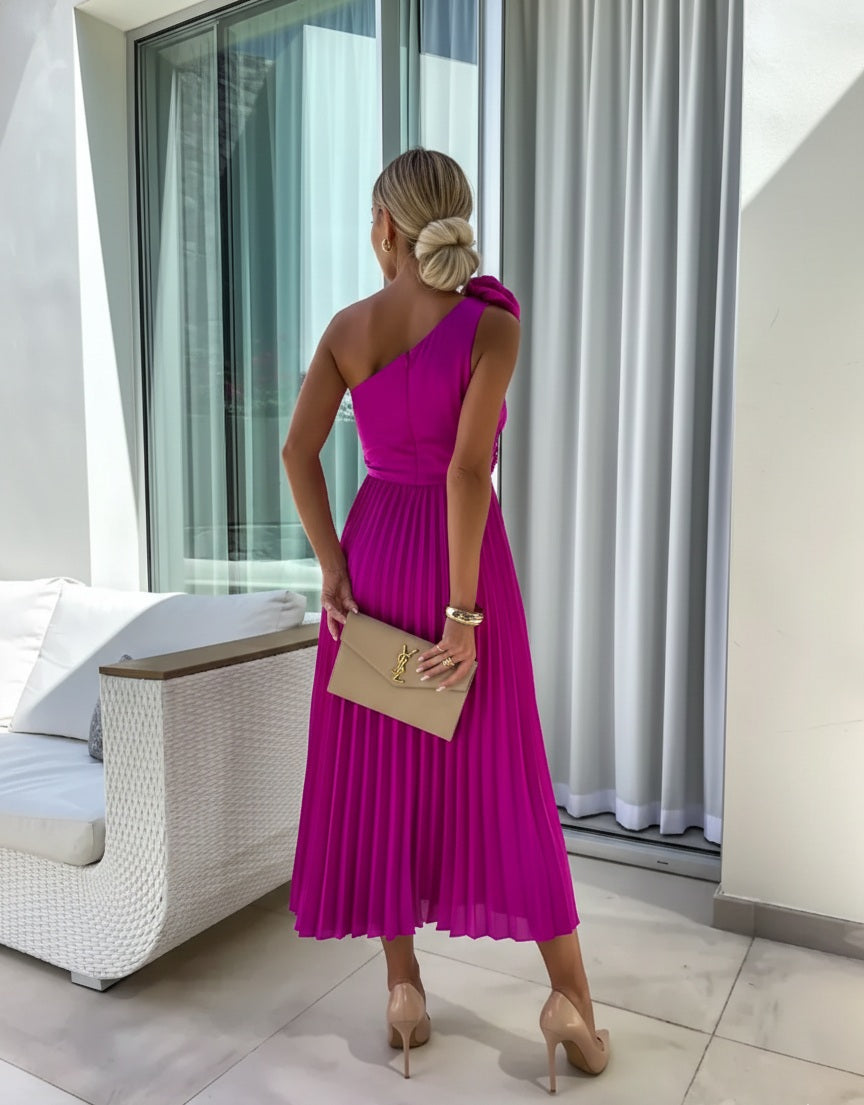 Zaria | Plissiertes Midi-Hochzeitsgastkleid Ein-Schulter Elegant Sommer Stil 7