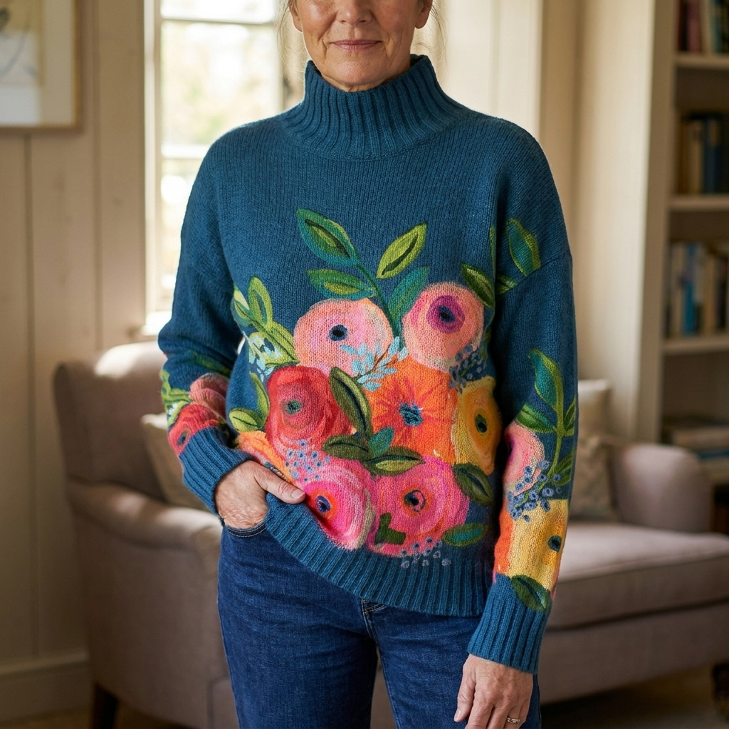 Daphne | Turtleneck Jumper – Floraler Strickpullover für Frauen