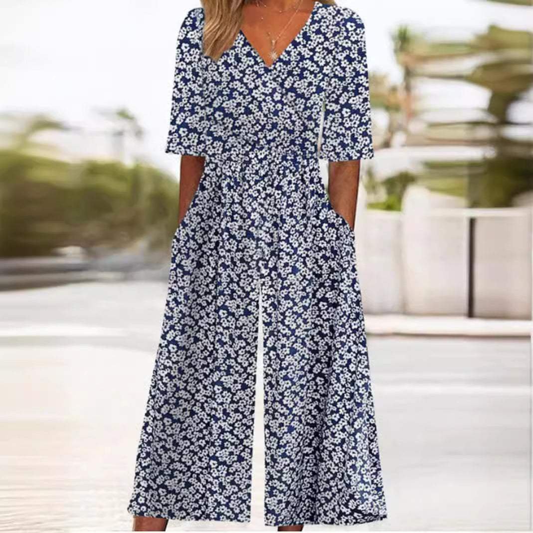 Annika | Jumpsuit – Blumenmuster mit V-Ausschnitt für Damen