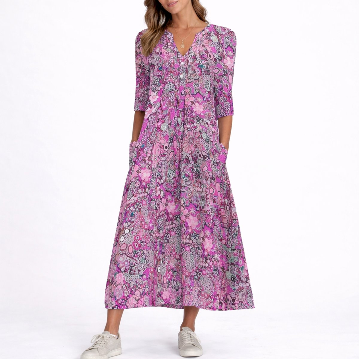 Amelia | Elegantes Blumenmuster V-Ausschnitt Herbsthochzeitskleid
