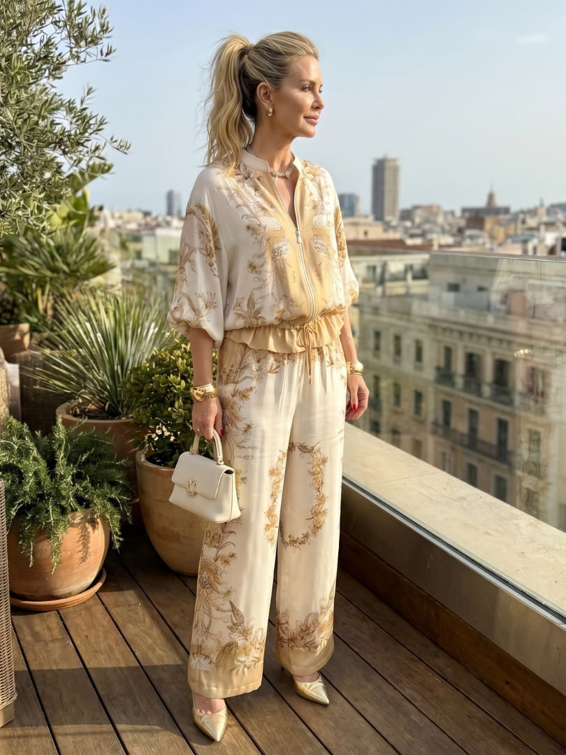 Indie | Blouson Top Set – Gedruckte Bluse mit Zip-Front