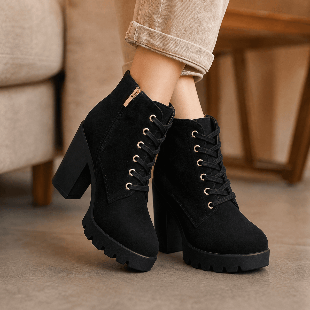 Strovia | Chunky Heel Ankle Boots – Stilvolle Stiefel mit Kunstfellfutter